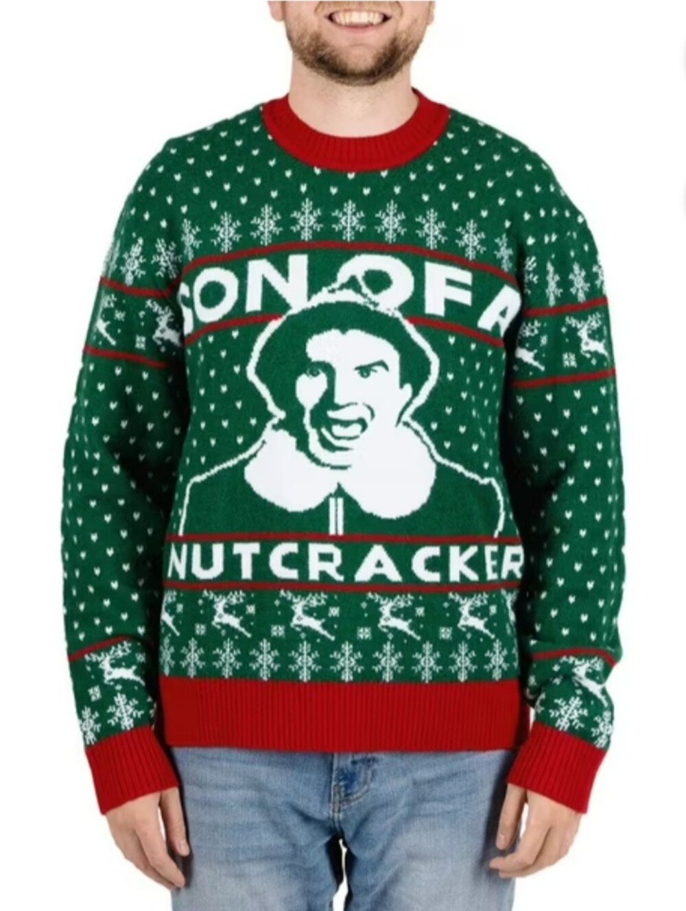 ELF Will Ferrell Holiday Green White Red Ugly Christmas Sweater Snowflakes